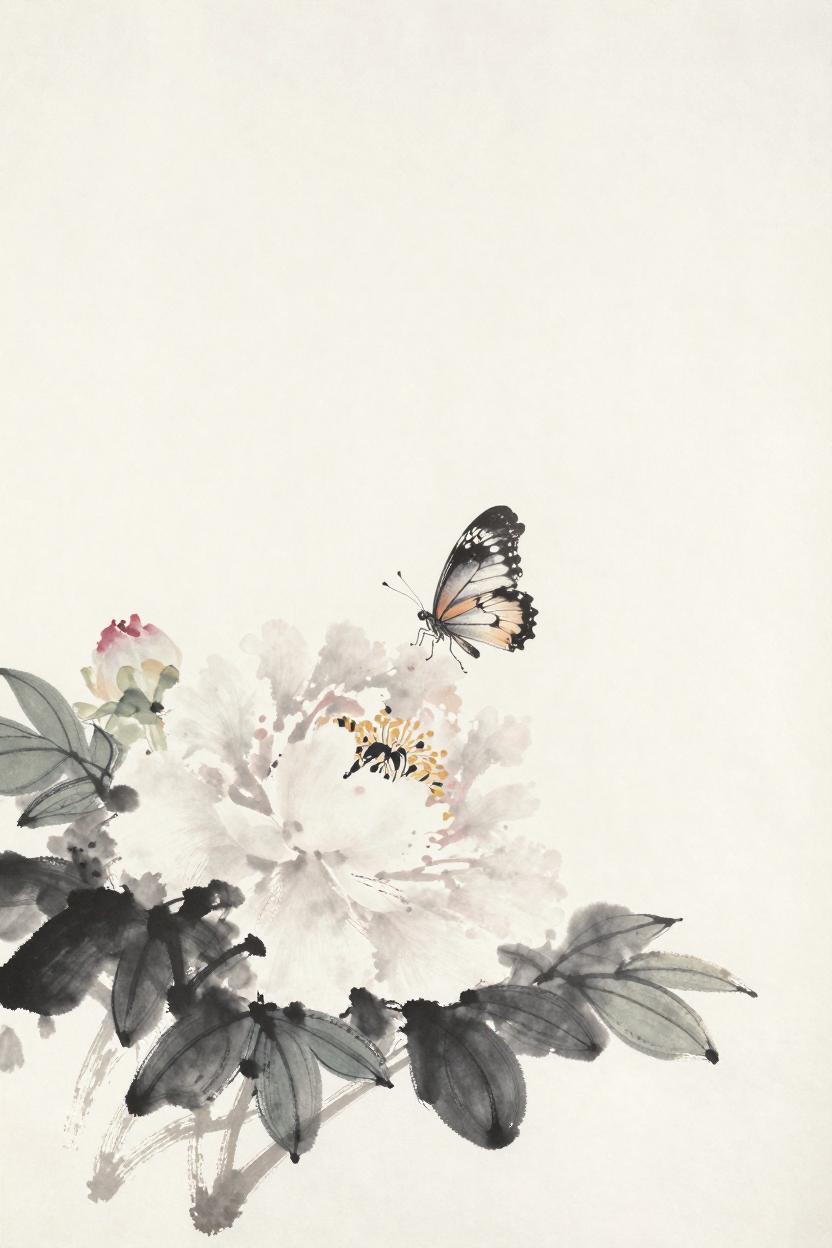 Ink-wash illustration of a butterfly on a peony flower
