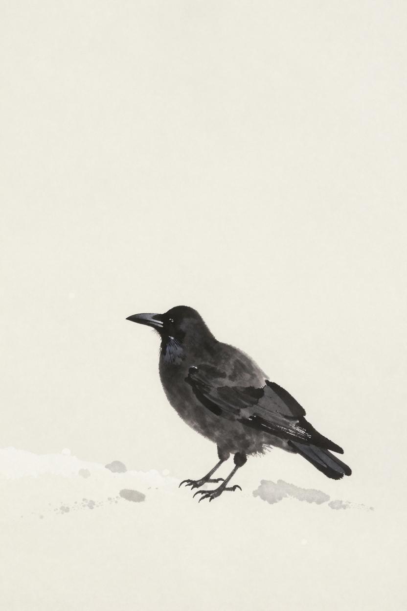 Ink-wash illustration of a crow standing in falling snow
