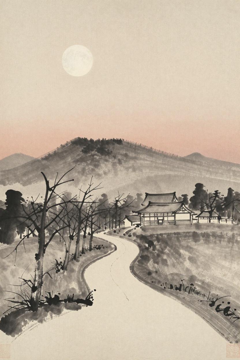 Ink-wash illustration of an autumn moon above a winding path to a monastery