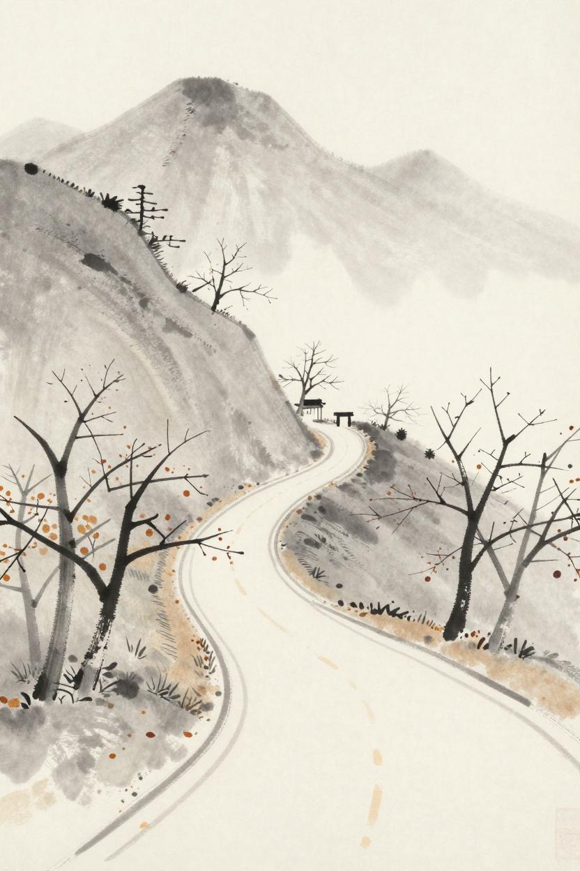 Ink-wash illustration of a winding road through autumn hills to a monastery