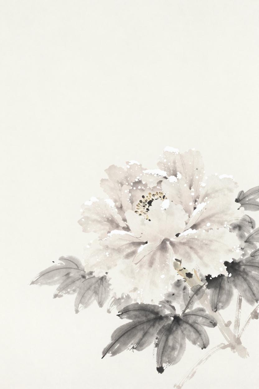 Ink-wash illustration of a peony flower in falling snow