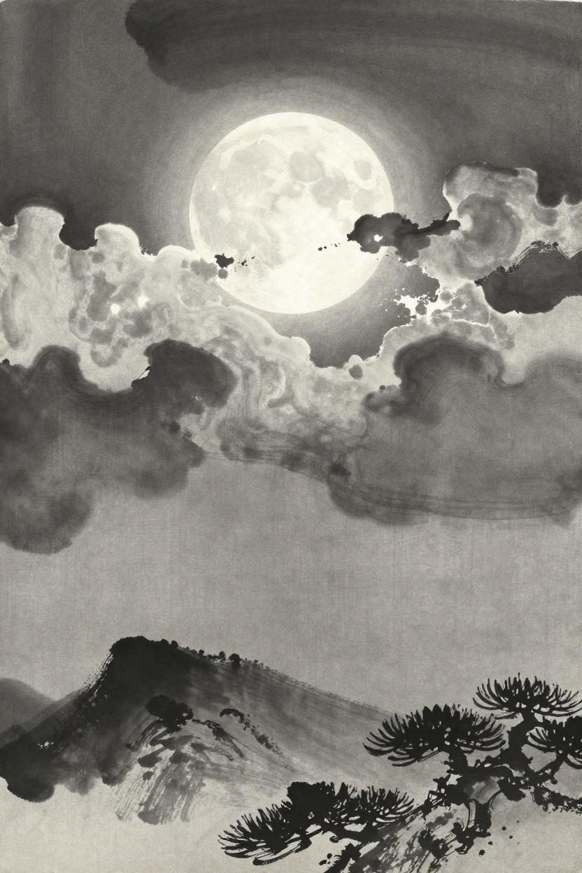 Ink-wash illustration of a full moon glowing through thin clouds