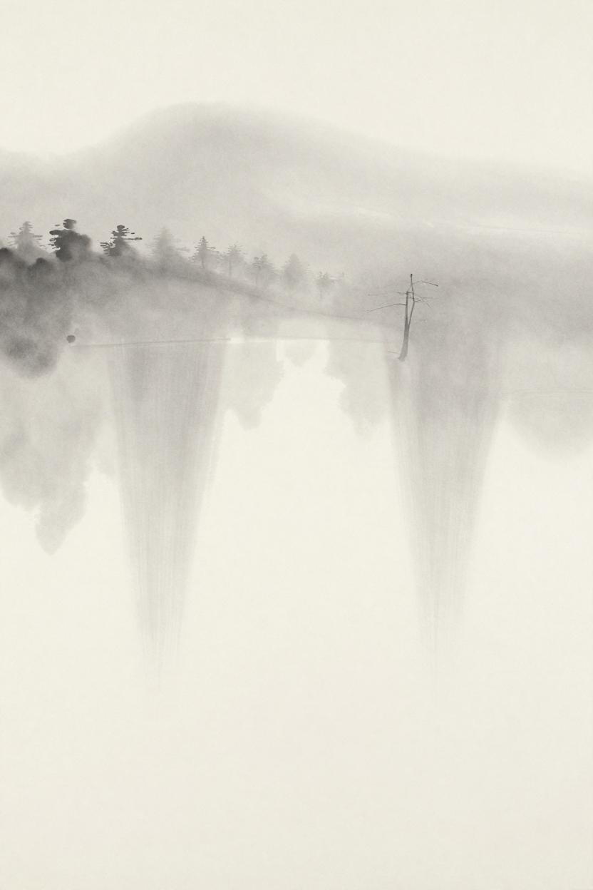 Ink-wash illustration of light penetrating through autumn fog