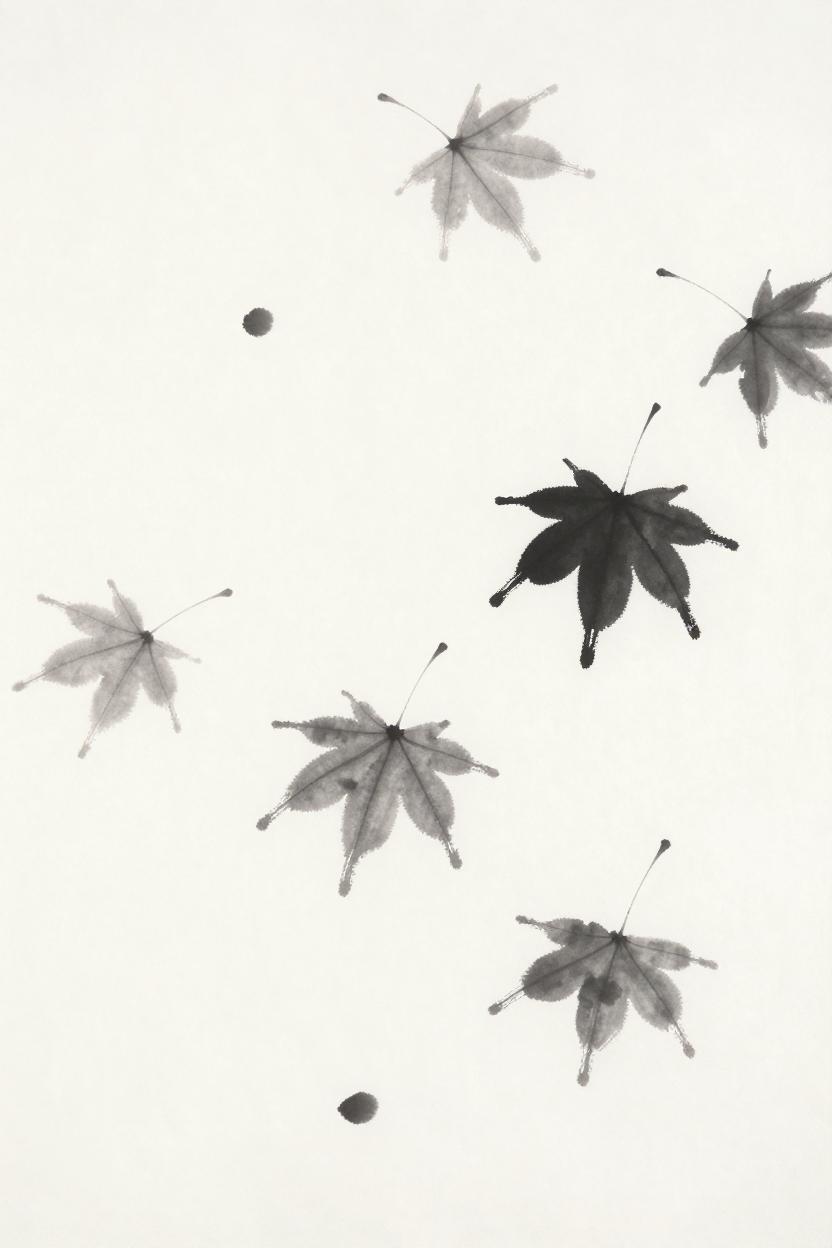 Ink-wash illustration of autumn leaves of different colors falling