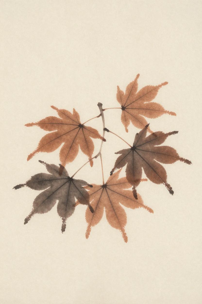 Ink-wash illustration of autumn maple leaves in seasonal colors