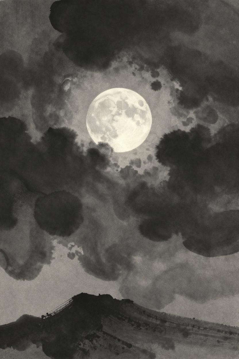 Ink-wash illustration of a moon emerging from darkness into moonlight