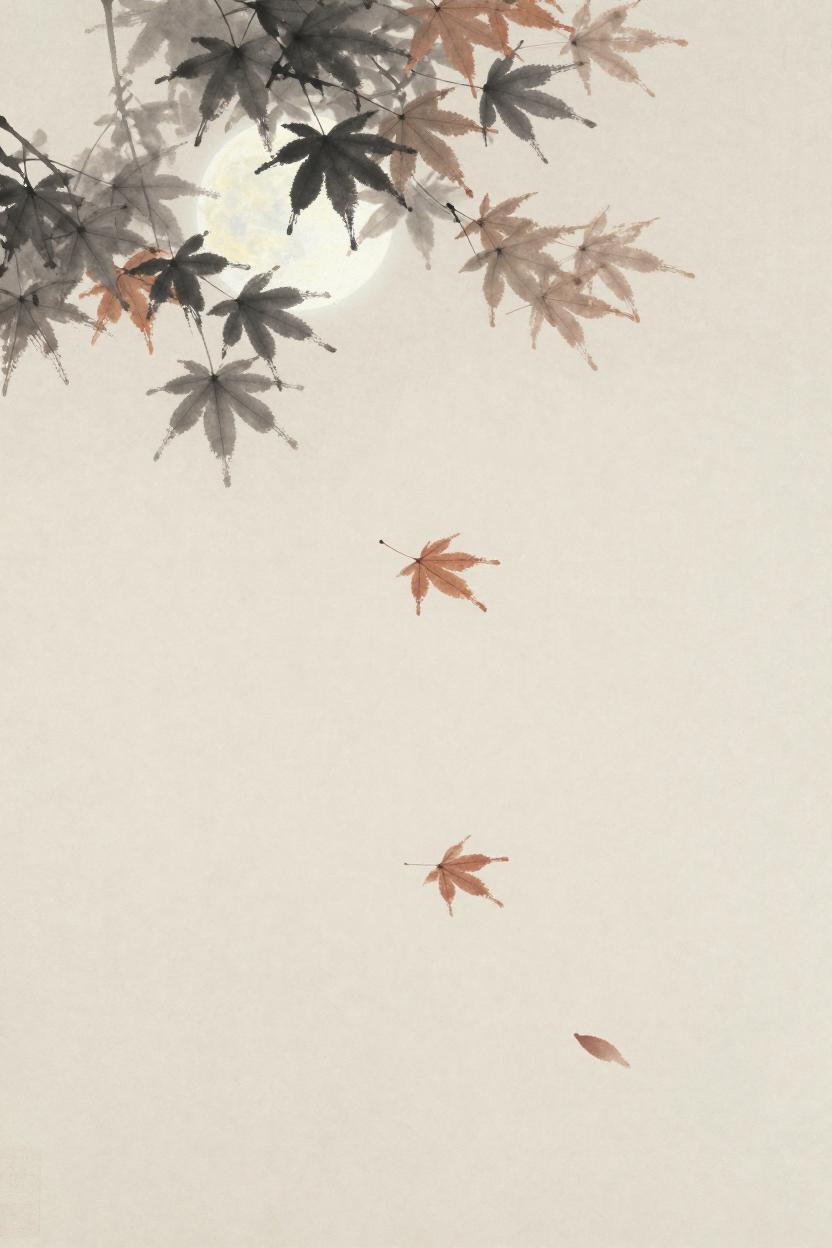 Ink-wash illustration of autumn leaves floating in moonlight