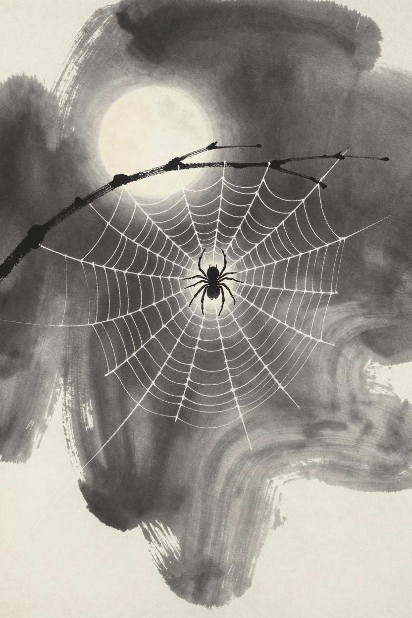 Ink-wash illustration of a spiderweb vibrating in the wind with a still spider