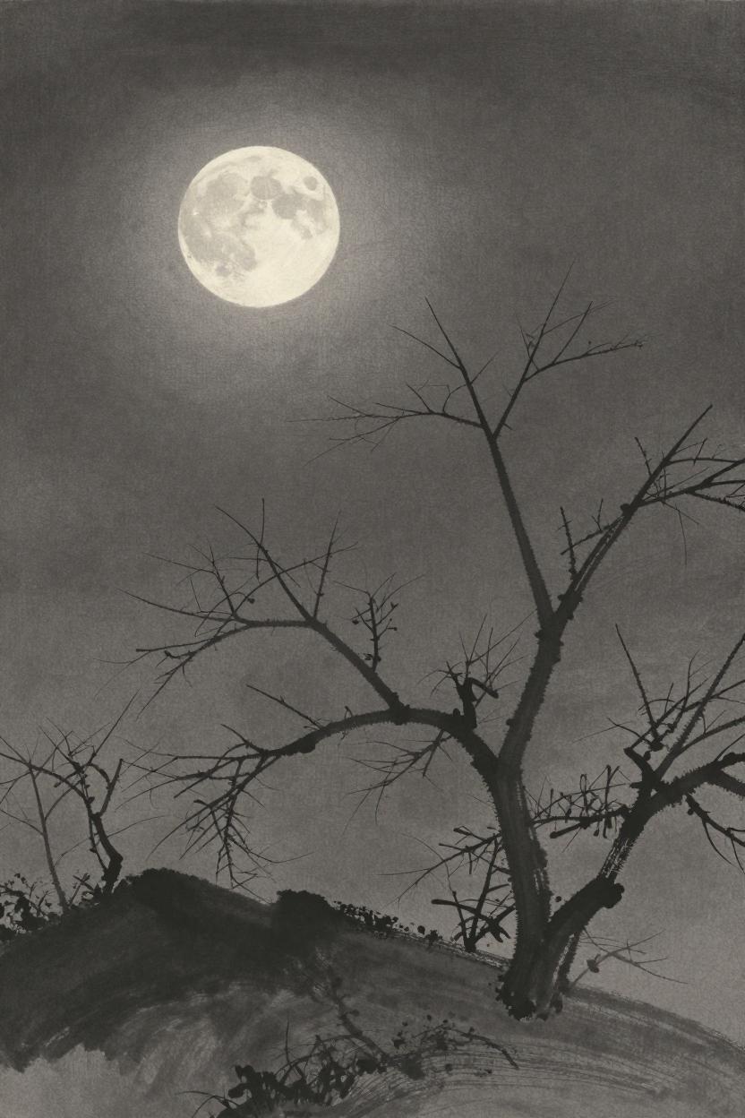 Ink-wash illustration of darkness transforming into moonlight on an autumn evening