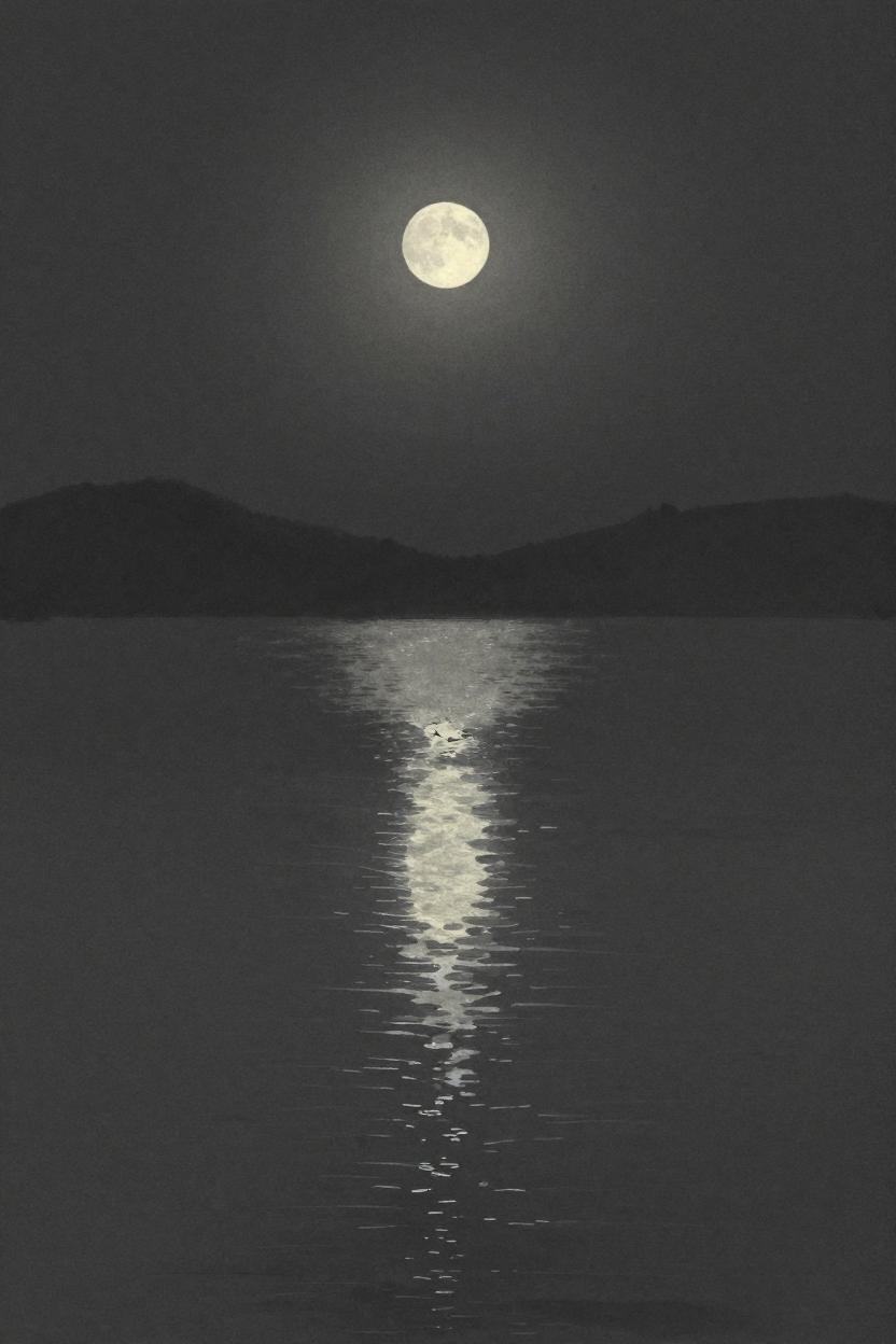 Ink-wash illustration of moonlight reflected on a still pond