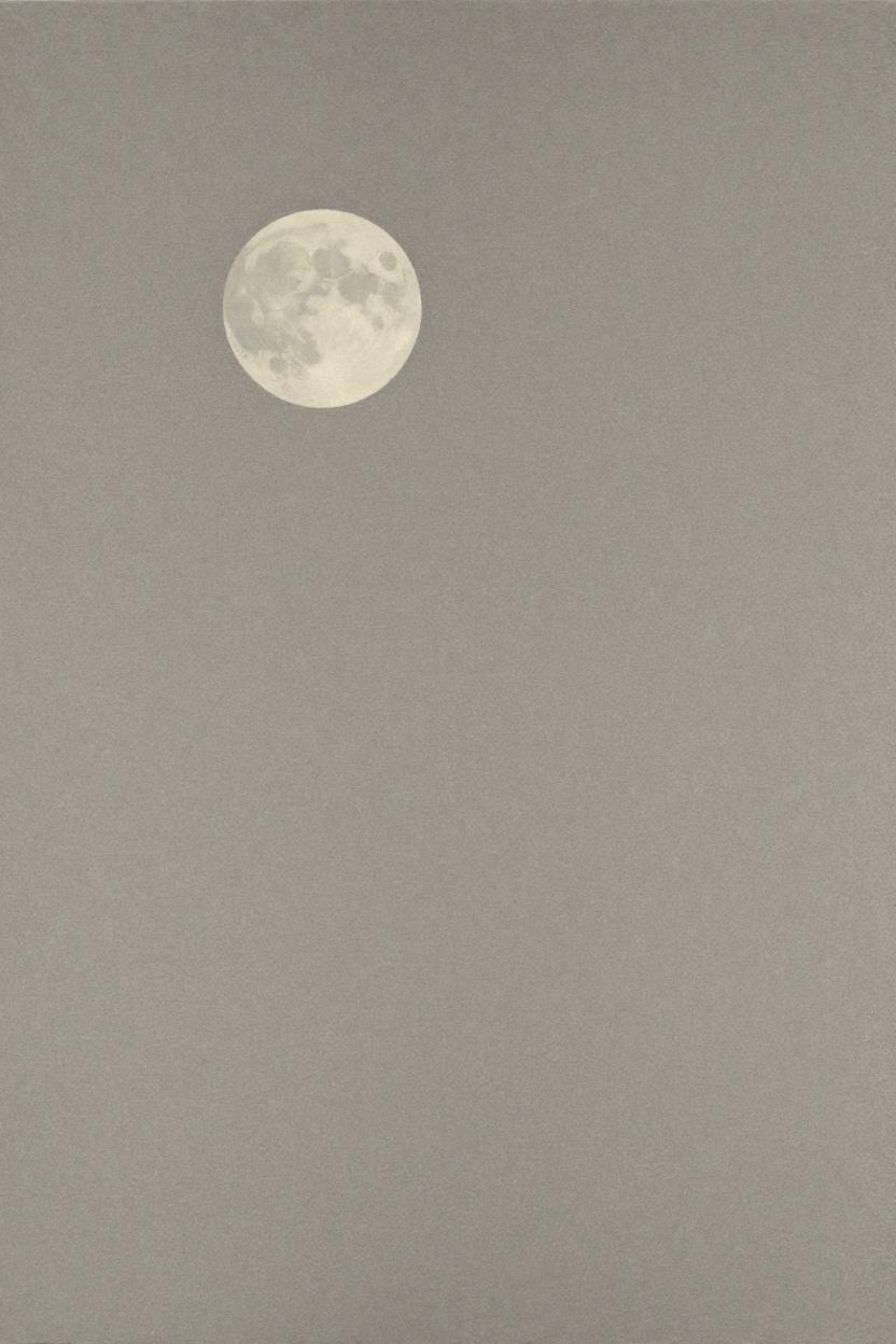 Ink-wash illustration of a lone moon in a cloudless sky