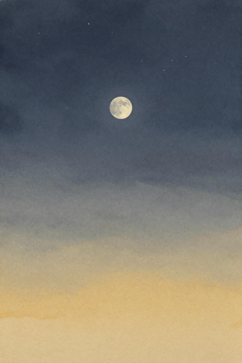 Ink-wash illustration of stars, an autumn moon, and dawn light on the horizon