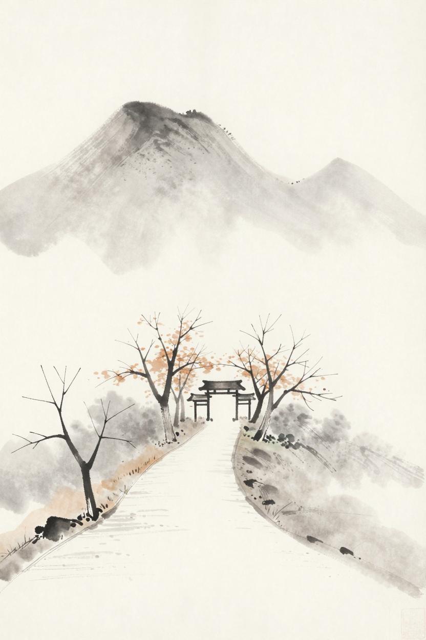 Ink-wash illustration of a winding path to a distant monastery