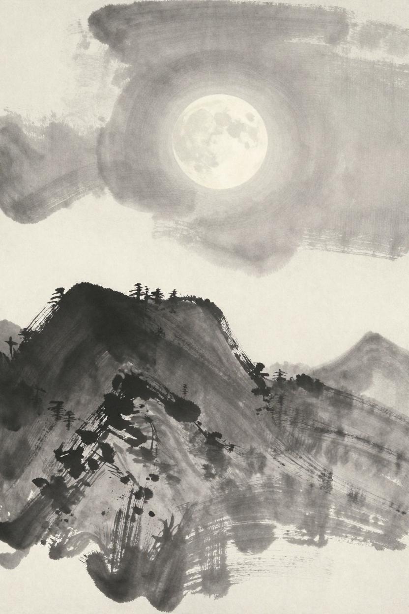 Ink-wash illustration of an autumn moon rising over a dark ridgeline