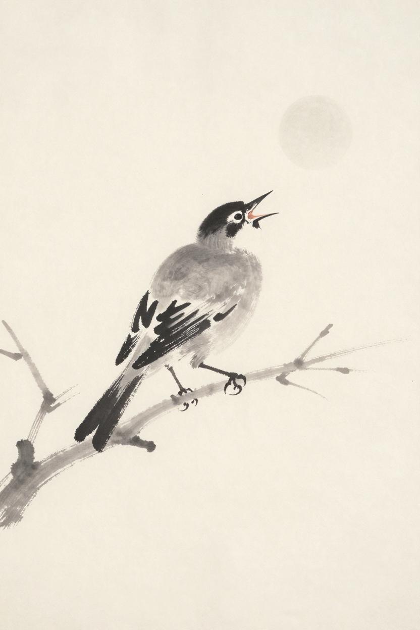 Ink-wash illustration of a songbird singing on a bare branch in autumn morning