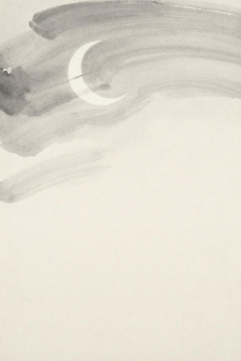 Ink-wash illustration of a crescent moon rising at sunset