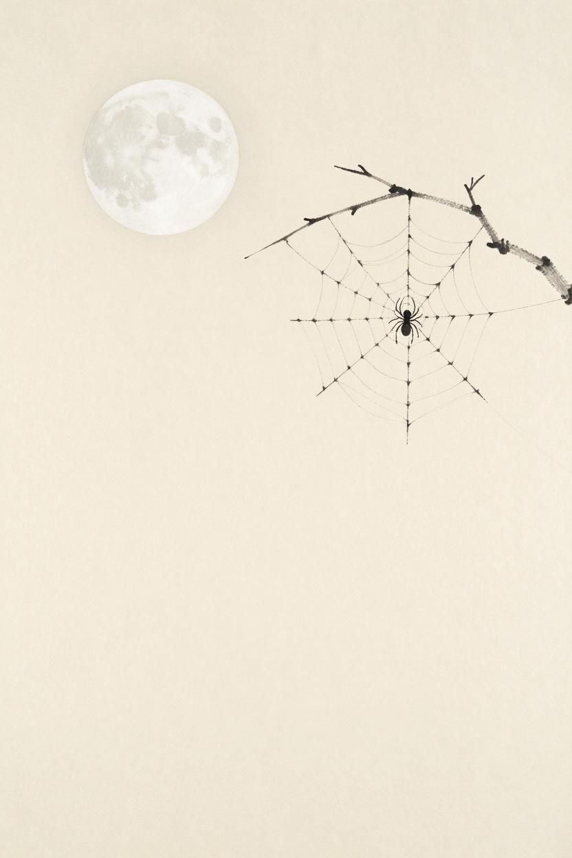 Ink-wash illustration of a moonlit spiderweb with a still spider