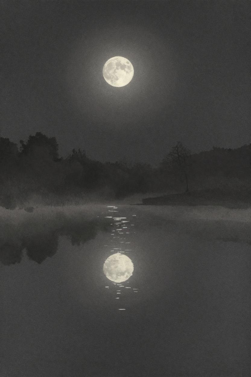 Ink-wash illustration of moonlight settling on a still pond