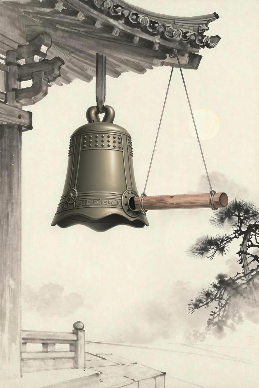 Ink-wash illustration of a temple bell with its striking log