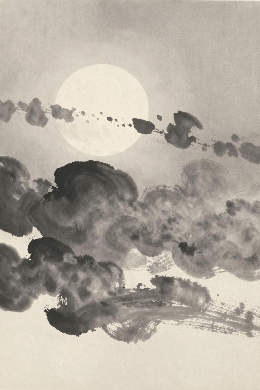 Ink-wash illustration of an autumn moon behind thin clouds, dim light