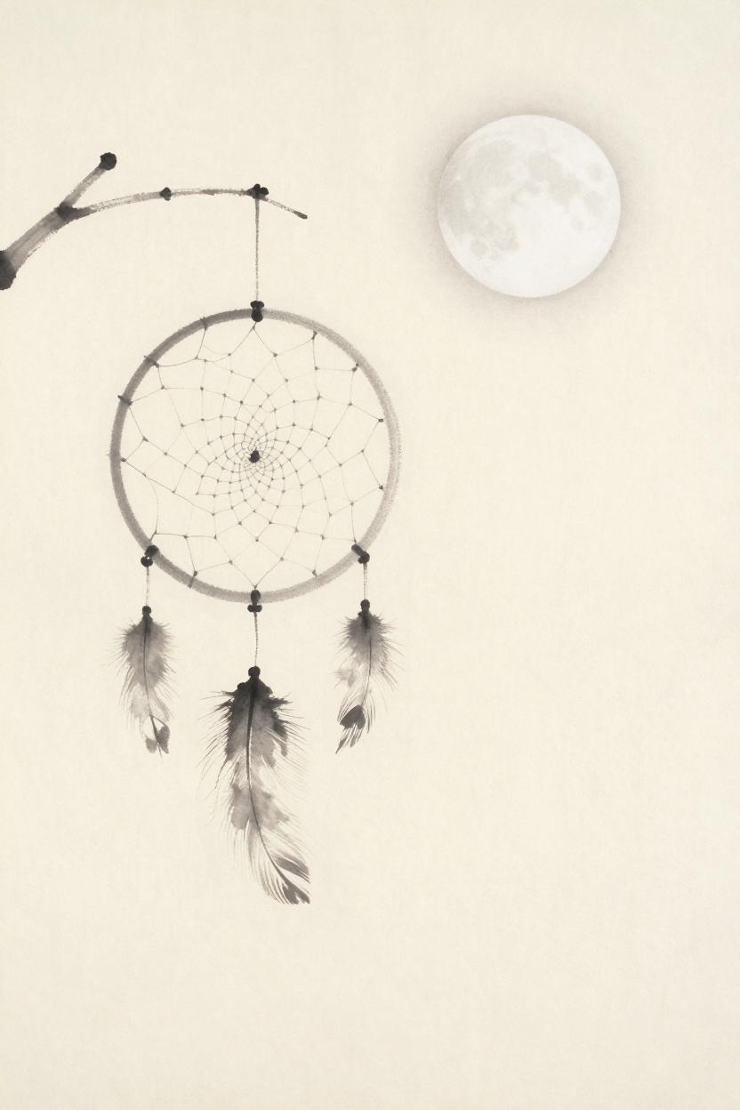 Ink-wash illustration of a dreamcatcher bathed in moonlight
