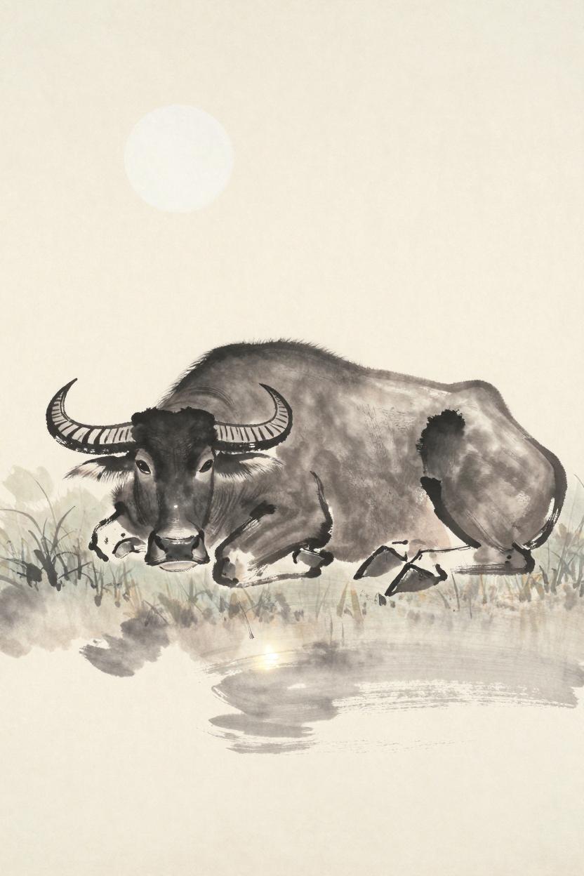 Ink-wash illustration of a water buffalo resting in moonlight